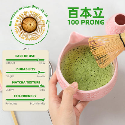 TEANAGOO 7-PCS Pink Matcha Whisk Set with Cherry Blossom Design, Complete Ceremony Kit, Ceramic Chawan Bowl with Spout, Whisk & Accessories, Traditional Matcha Tea Set for Lattes& Gift Giving
