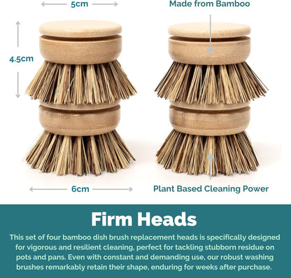 Jungle Culture Firm Bristle Replacement Brush Heads for Eco Dish Brushes • Wooden Kitchen Washing Up Brush Heads Pack of 4 • Interchangeable Bristle Refills • Dish Scrubbers • Zero Waste Cleaning