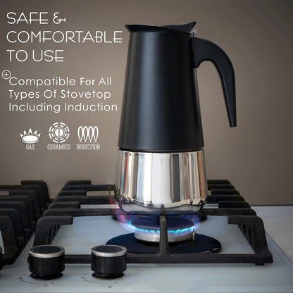 Mixpresso Black 6 Cup Greca Stovetop Espresso Pot 300ml/10oz, Moka Pot with Coffee Percolator Design, Stainless Steel Stove Top Coffee Maker for Camping or Home Use,Italian Stovetop Espresso Maker