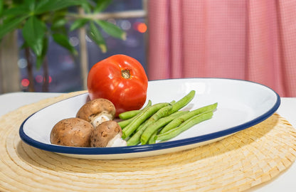 Red Co. Set of 4 Enamelware Metal Classic 13" Serving Oval Tray Platter, Solid White/Navy Blue Rim