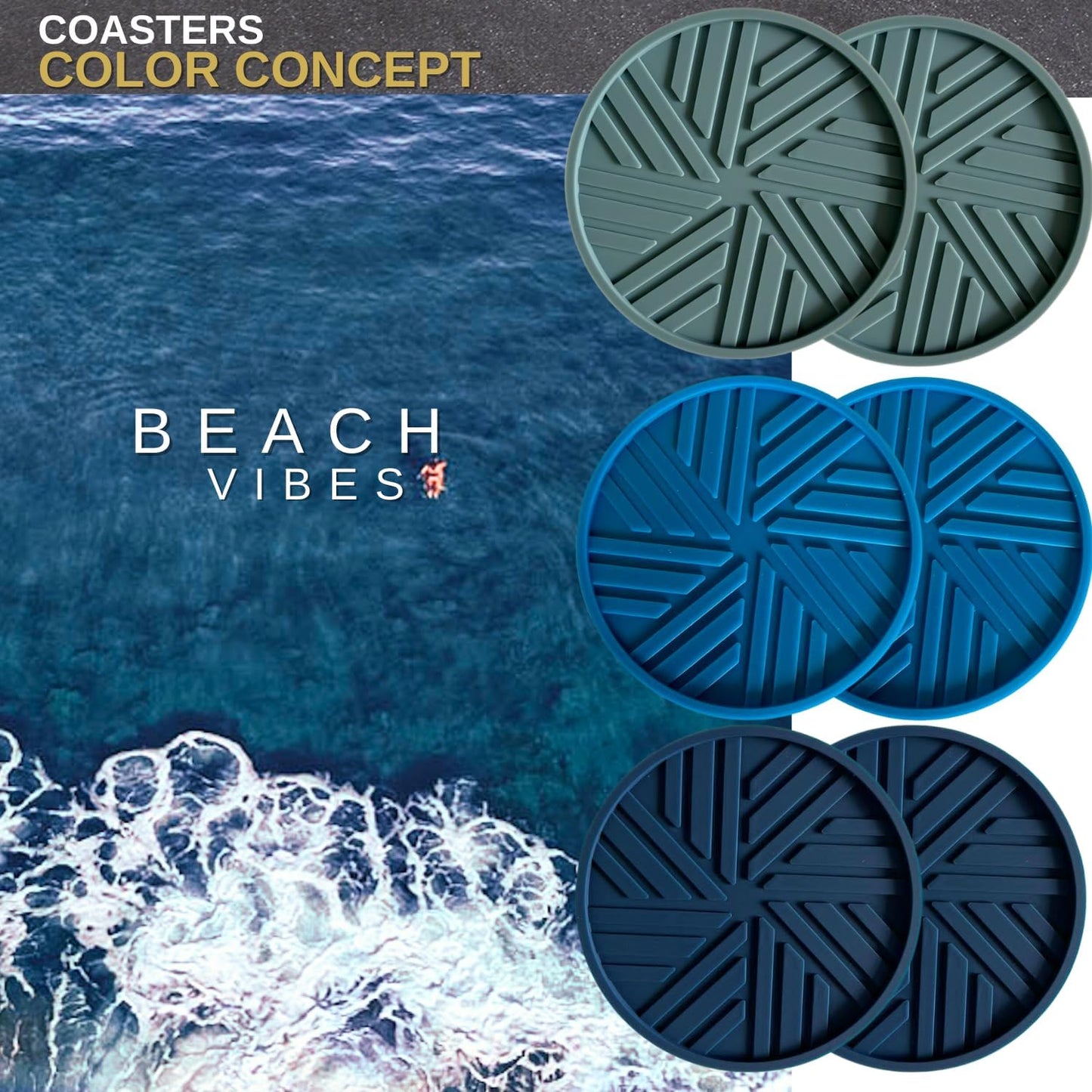 Coasters Set of 6 - Silicone Drink Coasters for Home Decor and Coffee Table Modern Elegant Blue Pattern - Round 4" Housewarming Gifts
