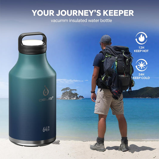IDEUS Insulated Stainless Steel Water Bottle with 2 Leak-Proof Lids, Thermal Water Flask for Hiking Biking, 64oz, Green