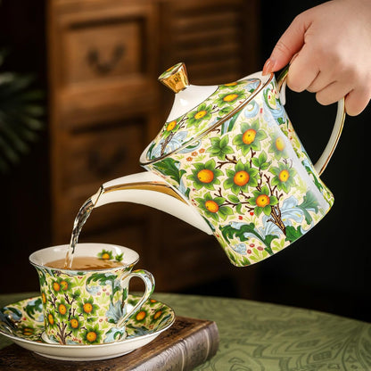 ACMLIFE Tea Set for Adults- Fine China Tea Set for 6, 21-Piece Vintage Coffee Set English Porcelain Tea Pot Sets for Adult Tea Party for Women Gift (Fruits Green, Extra Large 21)