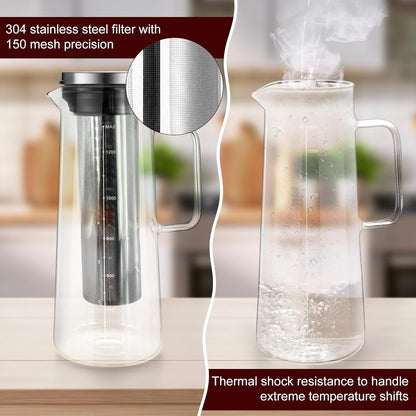 Cold Brew Coffee Maker, 1.4L/48oz Slim Borosilicate Glass Pitcher with Stainless Steel Filter, Fit Fridge Door, Dishwasher Safe & Airtight Lid, Mannual Included, Iced Tea & Fruit Infuser