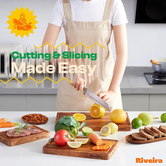 Riveira Walnut Wood Cutting Board – Versatile And Durable: Set Of 2 Pcs Rectangular Wooden Cutting Board – Natural Wooden Cutting Boards For Kitchen – Complete Walnut Wooden Chopping Board