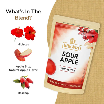 BREWIX, Sour Apple Hibiscus Tea Bags (25 Pyramid Tea Bags) Caffeine-Free Herbal Tea | Apple, Hibiscus, Rosehip | Refreshing Wellness Brew for Any Mood | Hot or Iced Refreshment