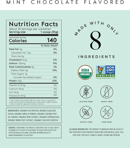Truvani Vegan Pea Protein Powder | Mint Chocolate | 20g Organic Plant Based Protein | 20 Servings | Keto | Gluten & Dairy Free | Low Carb | No Added Sugar