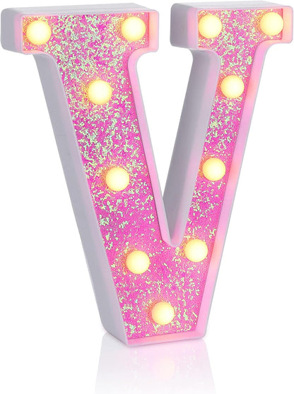 Foaky Pink Light up Letters，Pink Party Decorations,Girls Room Decor,Glitter Light Up Letters,Alphabet Letter Sign for Night Light Birthday Party Girls Gifts, Home Bar Decoration（V）