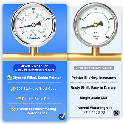 MEANLIN MEASURE 0~400Psi Stainless Steel 1/4" NPT 2.5" FACE DIAL Liquid Filled Pressure Gauge WOG Water Oil Air Center Back Mount, with 1/4" x 1/2" NPT and 1/4" x 3/8" NPT Hex Bushing