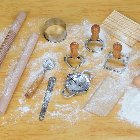 11 Pcs Pasta Making Tools Kit - Includes Wooden Gnocchi Board with Ravioli Stamp Cutter, Threaded Rolling Pin, Dumpling and Pasta Maker - Gift for Homemade kitchen Baking Lovers