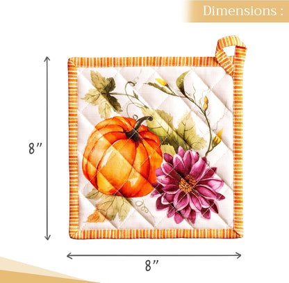 Maison d' Hermine Pot Holders set 100% Cotton Heat Resistant Potholders 8" x 8" Hot Pads with Loop BBQ, Cooking, Baking, Grilling, Kitchen, Handling Hot Pans (Pack of 2, Pumpkin Garden - Cloudy Cream)