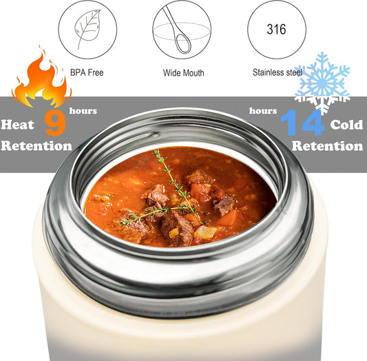 Soup Thermo for Hot Food & Drinks, Thermo Lunch Box for Kids, 17oz Vacuum Insulated Food Container with Spoon&&Drawstring Bag, Soup Therm for Adults,Black&White
