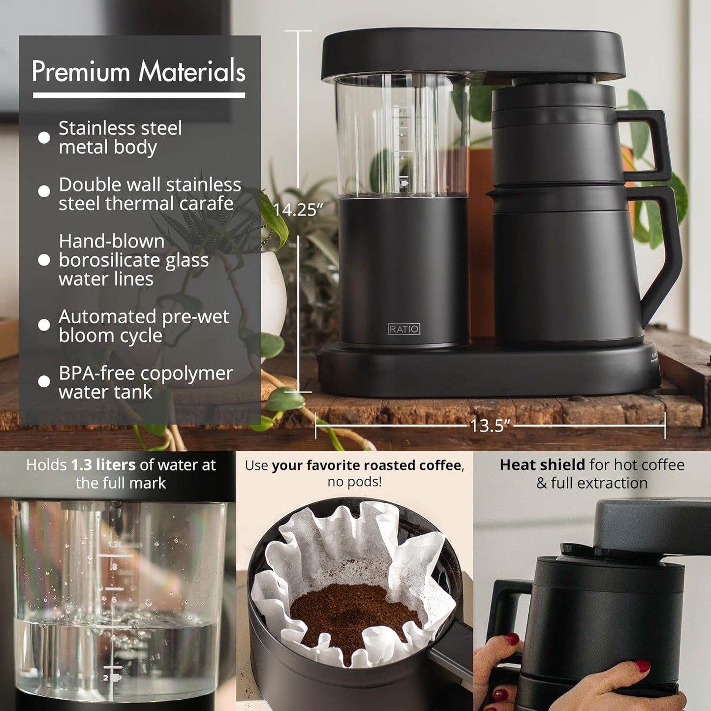 Ratio Six Series 2 Coffee Machine - Automatic Drip Coffee Maker - 1.25L/40oz - Brews 2-8 Cups - Matte Black