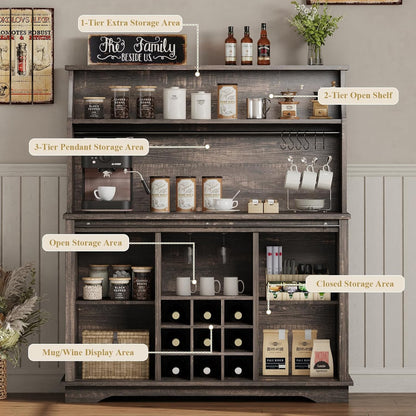 47 Inch Farmhouse Coffee Bar Cabinet with 3-Tier Storage, Coffee Bar Hutch with 9 Wine Racks, 3 Glass Holders, 6 Hooks, Kitchen Storage Cabinets for Dining Living Room, Oak