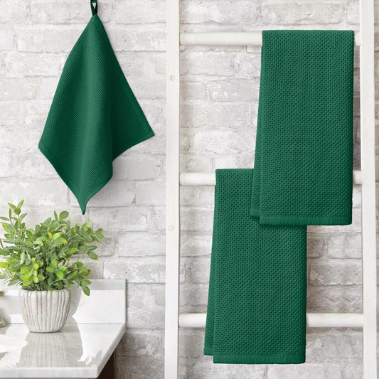Artoid Mode 100% Cotton Dark Green Waffle Weave Kitchen Dish Cloths, 13x28 Inch Ultra Soft Absorbent Quick Drying Kitchen Dish Towels Set of 4