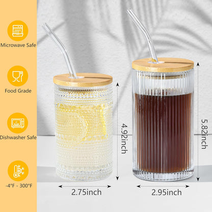 13 oz Drinking Glasses Set of 4 with Bamboo Lids Straws Hobnail Boho Glassware Set Vintage Glass Cups Embossed Iced Coffee Cup for Beer Cocktail Beverage(Hobnail)
