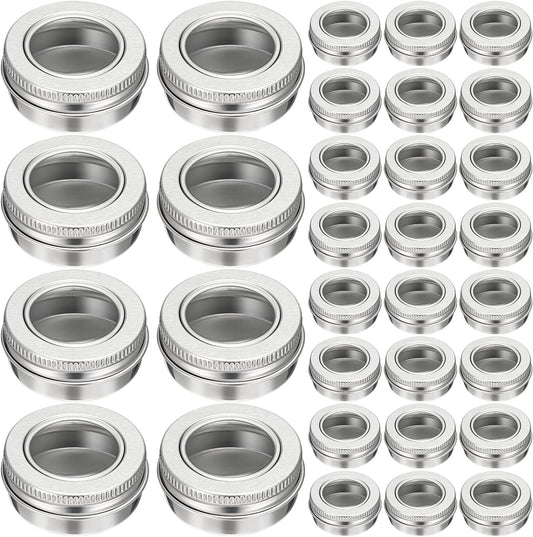 100 Pcs 0.5 Ounce Aluminum Tin Jar 15 ml Refillable Containers Clear Top Screw Lid Round Tin Container Bottle for Cosmetic, Cream, Diamond Painting, Salves, Balms, Lip Balm, Spices or Others, Silver