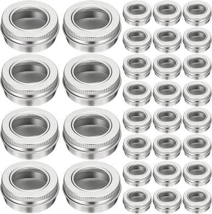Zubebe 100 Pcs Aluminum Tin Jar Refillable Containers Clear Top Screw Lid Round Tin Container Bottle for Cosmetic, Cream, Diamond Painting, Salves, Balms, Lip Balm, Spices or Others, Silver (1 oz)
