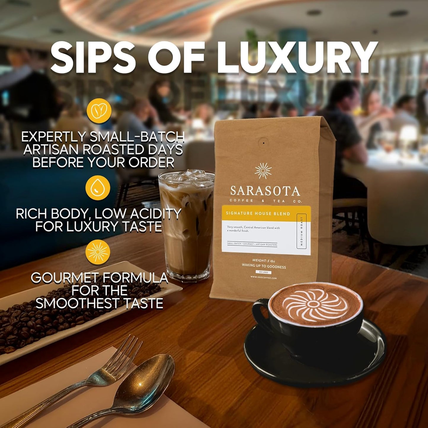 Sarasota Coffee Ground Signature House Breakfast Blend | Medium Roast Gourmet Coffee Grounds | Low Acid, Mold Free, Specialty Grade Bulk Ground | 5lb (80 oz)