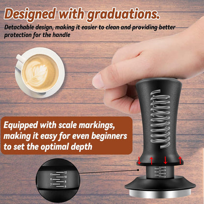 Coffee Espresso Tamper 51mm with WDT Tool Calibrated Spring Loaded, Coffee Tamper with Silicone Tamper Mat,Black Espresso Distribution Tool,Stainless Steel Base Tamper for Espresso Coffee Machine