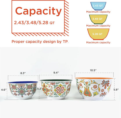 TP Large Mixing Bowl Set with Lids, Melamine Nesting Bowls Set for Pasta Baking Salad Mixing, Set of 3, Aztec Bloom
