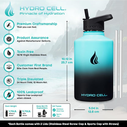 HYDRO CELL Stainless Steel Insulated Water Bottle with Straw - For Cold & Hot Drinks - Metal Vacuum Flask with Screw Cap and Modern Leakproof Sport Thermos for Adults (Teal/Black 64oz)