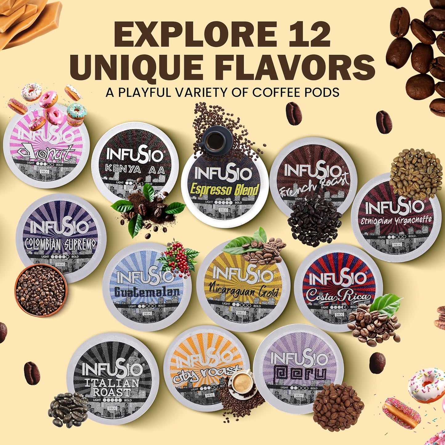 InfuSio Coffee Pods 96 Count Ethiopian Yirgacheffe Gold Medium Light Roast Single serve Coffee pods for Keurig K Cup® Brewers - InfuSio Premium Roasted Keurig 2.0 Compatible
