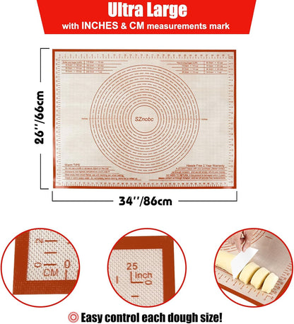 Silicone Pastry Mat 34X26 Inch Extra Large Baking Mat with Measurements for Dough Rolling, Kneading Board, Kitchen Counter Mats for Dough, Pastry, Fondant, Pie Crust, Cookies, Bread, Pasta, Pizza