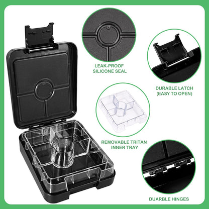 Bento Lunch Box Set With 10oz Soup Thermo, Leak-proof Lunch Containers with 4 Compartment, Kids Hot Thermo Food Jar/Insulation Lunch Bag, Food Containers for School (Black)