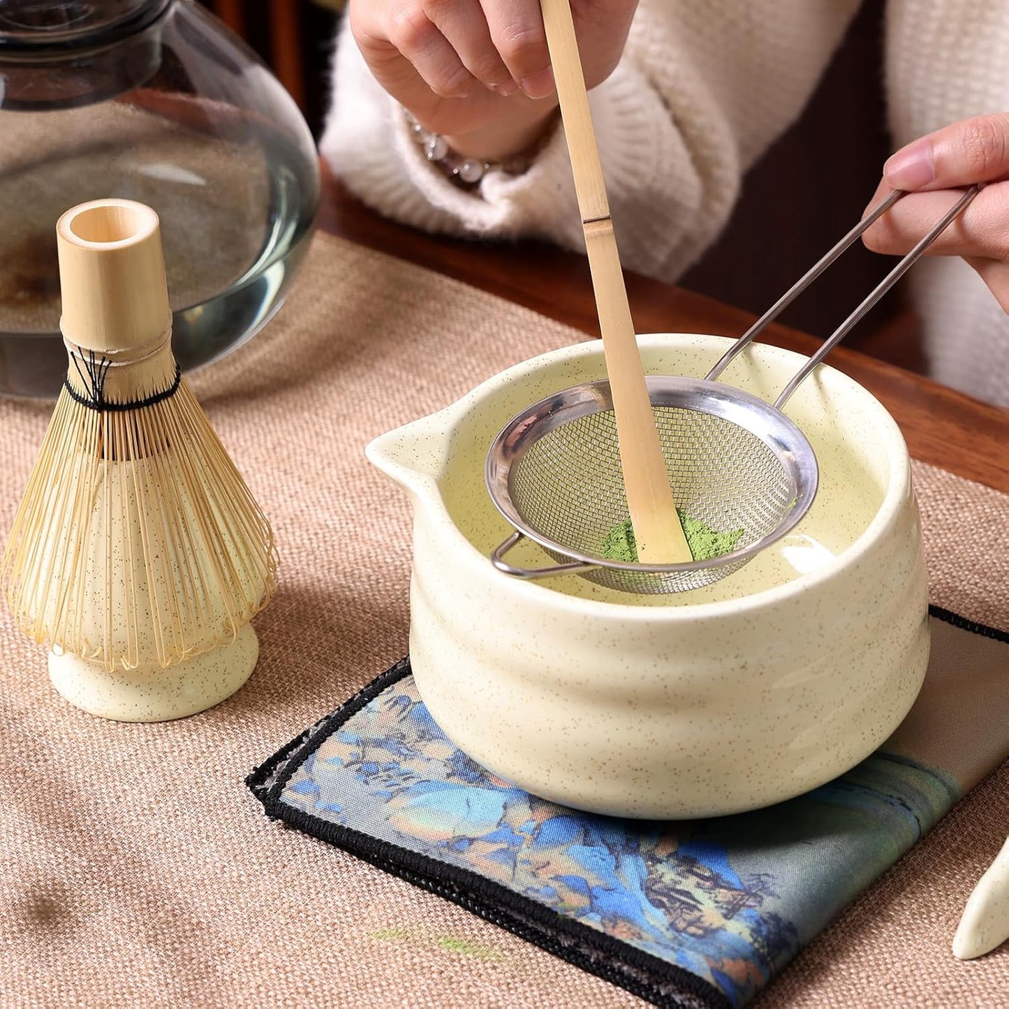 Japanese Matcha Whisk Set - 7-Piece Kit Bamboo Chasen, Ceramic Bowl with Spout, Stainless Steel Sifter & Holder Yellow