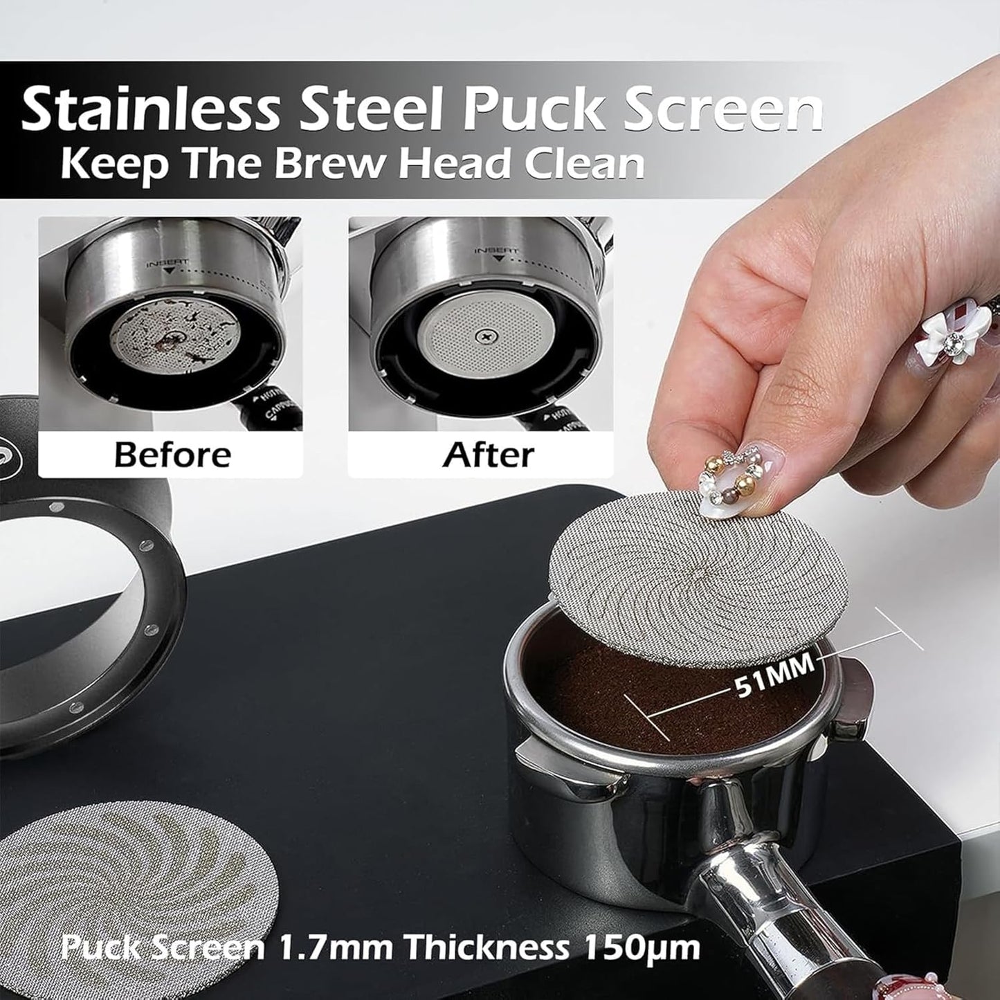 PUSEE 51mm Magnetic Dosing Funnel & Puck Screen Set 8 Magnetic Espresso Coffee Dosing Ring Reusable 1.7mm Puck Screen 316 Stainless Steel Fits All 51mm Portafilters Espresso Tools Espresso Accessories