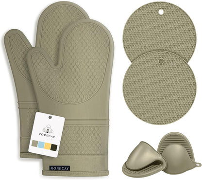 Rorecay 6pcs Oven Mitts and Pot Holders Sets Heat Resistant 500 Degrees, Extra Long Silicone Oven Gloves Non-Slip Potholders Hot Pads for Kitchen Baking Cooking, Quilted Liner, Martini Olive