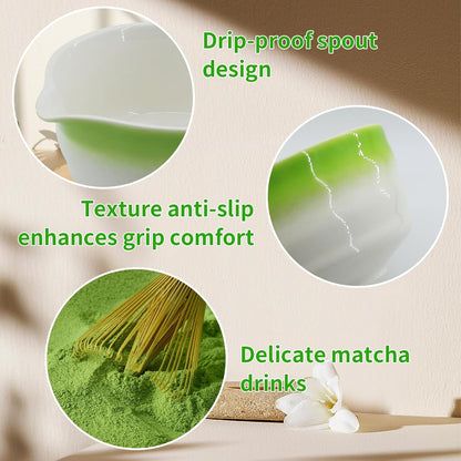 Matcha Whisk Set 7 Pcs Ceremony Kit - Gradient Glaze Ceramic Bowl, Bamboo Chasen & Holder, Sifter Scoop Gift for Matcha Lovers (Christmas/Birthday) (Green)
