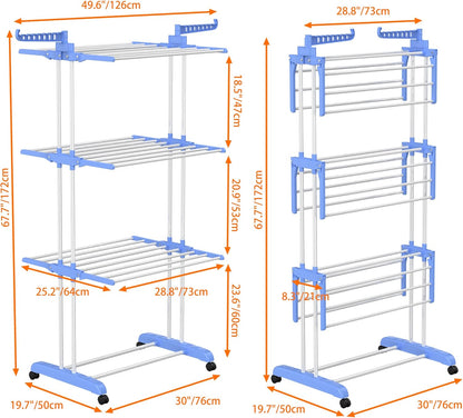 HOMIDEC Clothes Drying Rack, Large 4-Tier Foldable Drying Rack Clothing (67.7H x 19.7W x 30L Inches), Movable with 4 Castors. Multifunctional Stainless Steel Laundry Drying Rack, Blue