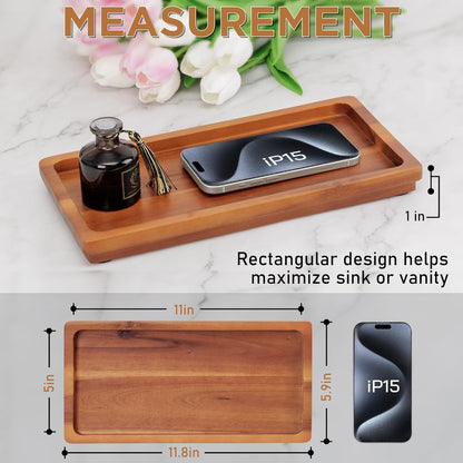 Bathroom Vanity Tray 11.8 x 5.9 inches of Natural Acacia Wood - Elegant Organizer for Cosmetics, Jewelry, Perfume, Candle, Key - Premium Wood Tray for Bathroom, Kitchen, Countertop, Toilet Tank, Sink