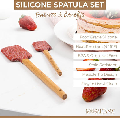 Silicone Spatula set of 2 with wooden handle and stunning pattern (Red)