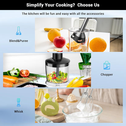 Immersion Blender RPM 16000±10% Scratch Resistant Hand Blender,15 Speed and Turbo Mode Hand Mixer, 3-in-1 Heavy Duty Copper Motor Stainless Steel Smart Stick with Egg Beaters and Chopper