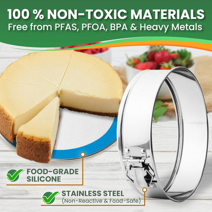 STAINLESS STEEL Springform Pan with REUSABLE Nonstick Silicone Liner - NON TOXIC Springform Pan for Cheesecake, 9 Inch Springform Ppan