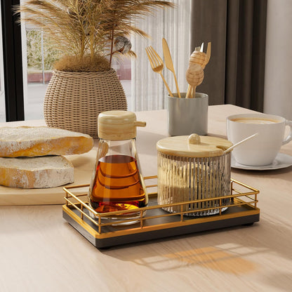 Wooden Decorative Tray, Oak 7.5" L Coffee Table for Kitchen Countertop Dresser Perfume Tray Jewelry Candle Nightstand Table Centerpieces for Dining Room Decor Black Gold