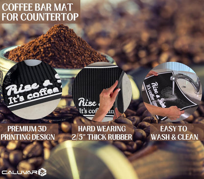 Coffee Bar Mats for Countertop Rise and Shine It's Coffee Time Sign 18x12 in Espresso Machine Mat Compatible, Premium Silicone Mat for Countertop for Tiki Bar Decor and Tiki Decorations