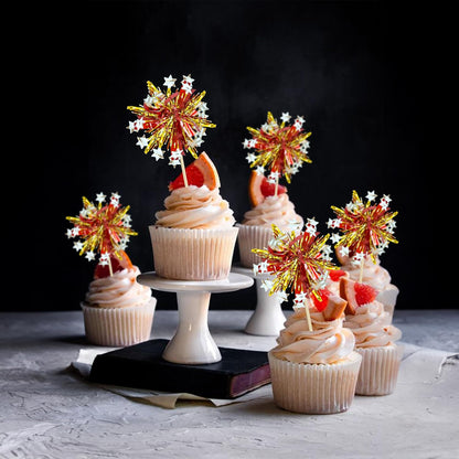 Ephlyn 30Pcs Foil Firework Cupcake Toppers Sparkle Tinsel Cupcake Picks Happy Birthday Cake Decorations Drink Stirrers Cocktail Food Fruit Toothpicks for Baby Shower Graduation Party Supplies Gold Red
