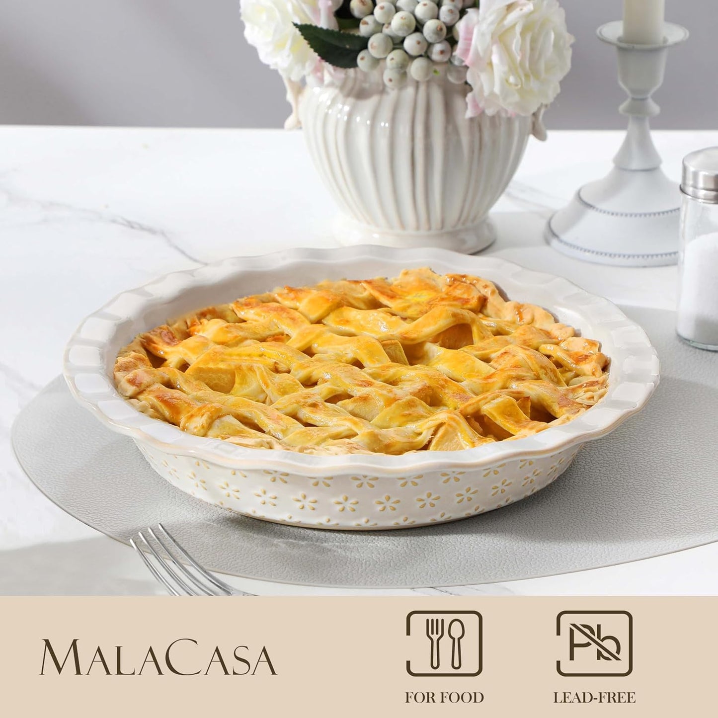 MALACASA Pie Pan, Stoneware Pie Dish for Baking, 45 OZ Deep Dish Pie Pans 9 Inch, Embossed Quiche Baking Dish for Oven, Fluted Dish Pie Plate for Apple Pie, Pot Pie and Quiche, Set of 1, Series LYDIA
