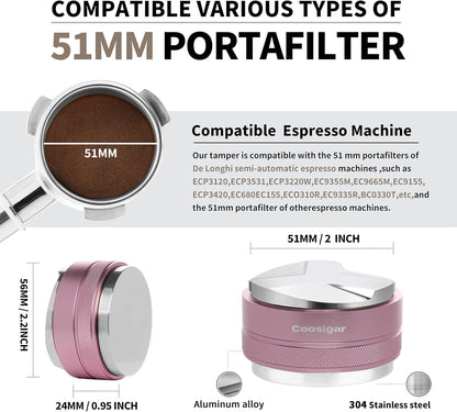 51mm Coffee Distributor and Tamper,Dual Head Coffee Leveler Fits for Delonghi 51mm Portafilter,Professional Espresso Hand Tamper.(Light pink)