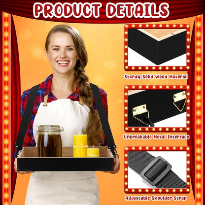 Marsui 2 Pcs Halloween Snack Trays with Straps 15 x 11 x 2 Inch Wooden Movie Night Snack Drink Trays Vendor Usherette Popcorn Drink Beverage Carrier for 20's Theme Carnival Party Costume(Black)