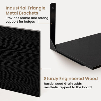 Fun Memories Floating Shelves for Wall, 12 Inch Deep Floating Shelves Set of 2, Wall Mounted Shelf with Metal Brackets, Rustic Wood Wide Shelf for Bathroom, Kitchen and Living Room, Black, 16W x 12D