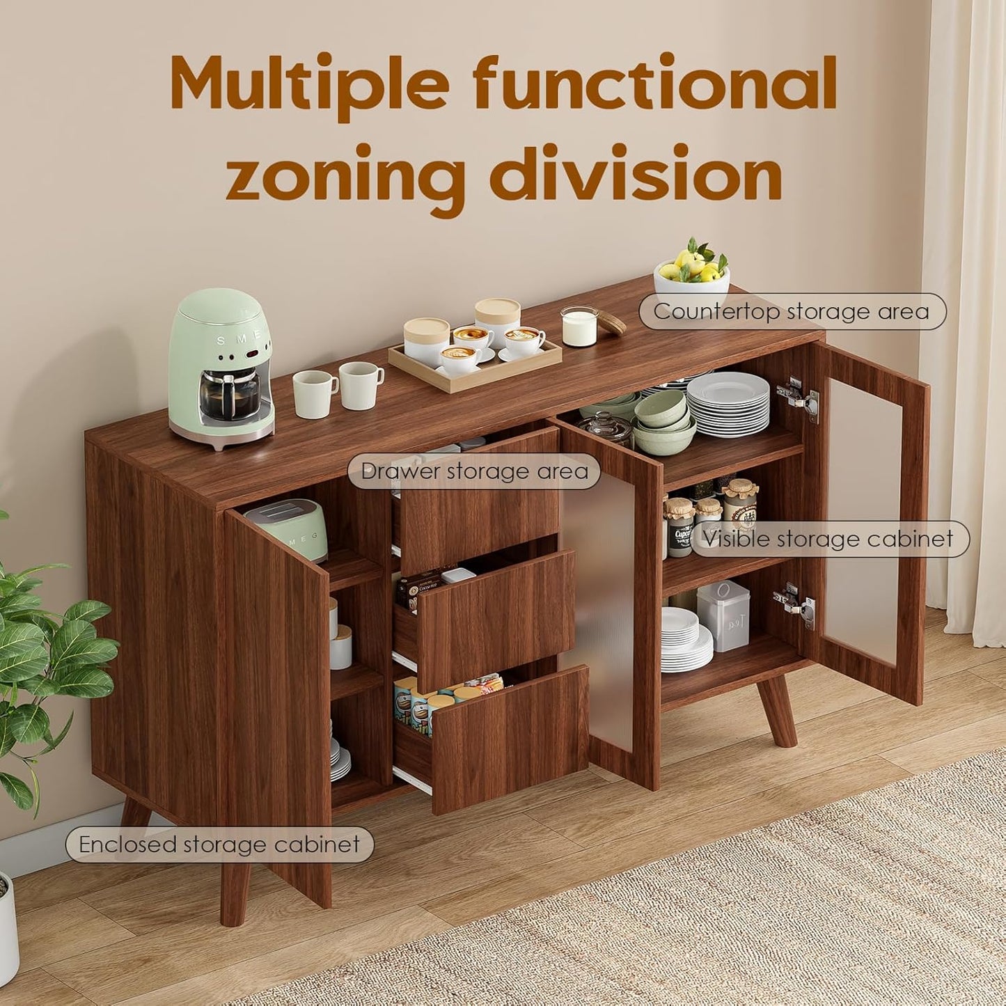 Soohow Farmhouse Buffet Cabinet, 55.5" Coffee Bar with 3 Drawers and Pop-Up Doors, Large Rustic Sideboard for Dining Room, Kitchen, Hallway, and Living Room