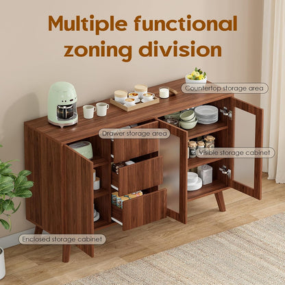 Soohow Farmhouse Buffet Cabinet, 55.5" Coffee Bar with 3 Drawers and Pop-Up Doors, Large Rustic Sideboard for Dining Room, Kitchen, Hallway, and Living Room