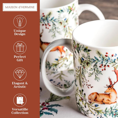 Maison d' Hermine Coffee Mug with Handles Fine Bone China Mugs Pack of Two Tea Cups for Hot Beverages Cappuccino Latte Home Restaurant Office Perfect for Gift (Holly Time, 15 Ounce)