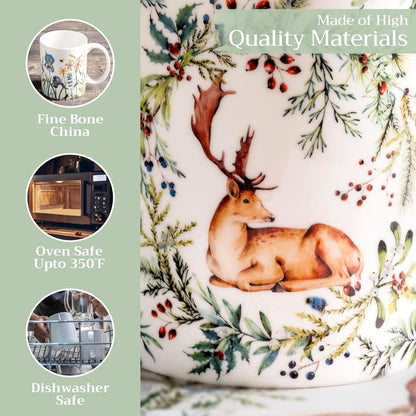 Maison d' Hermine Coffee Mug with Handles Fine Bone China Mugs Pack of One Tea Cups for Hot Beverages Cappuccino Latte Home Restaurant Office Perfect for Gift (Holly Time - Cerf, 12 Ounce)