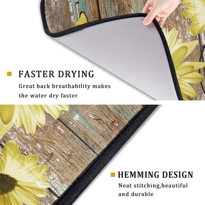 Rustic Daisy Dish Drying Mat for Kitchen Countertop 18x24 inch Yellow Sunflowers on Wooden Board Dish Drainer Mats Fast Drying Country Vintage Style Shabby Chic Flower Dish Drying Pad Decor Large